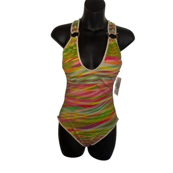 New With Tags BECCA by Rebecca Virtue One Piece Swimsuit Women's Stripe Metallic - Picture 4 of 12